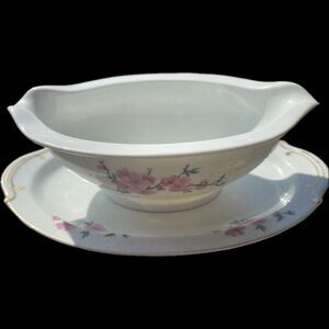 White w/ Pink Cherry Blossom Designs Gravy Boat & Connecting Saucer